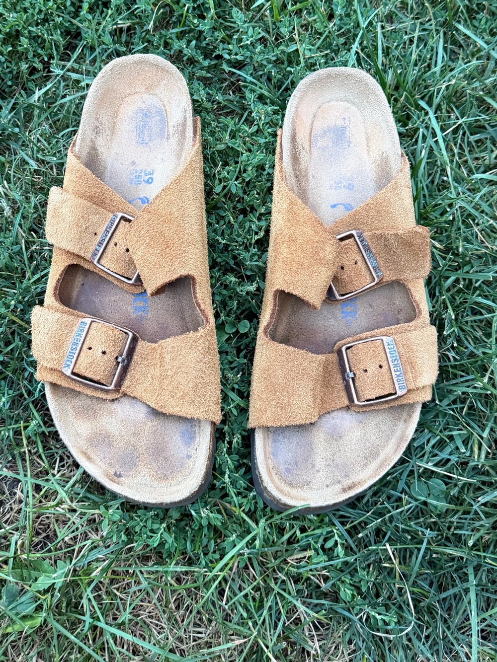 Birkenstock Suede Two-Strap Sandals in Tan Sz 8
